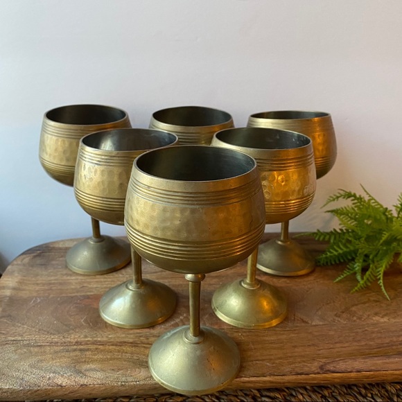 6 Vintage Brass Goblets Cups Wedding Retro